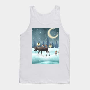 Scandinavian gnomes with moose watercolor illustration. Cute Christmas gnomes in snow forest. Winter fantasy moon night. Swedish Nordic funny gnomes Tank Top